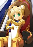  animal_ears artoria_pendragon_(all) blonde_hair cosplay fate/stay_night fate/tiger_colosseum fate_(series) green_eyes lion maho_(yakimorokoshi) saber saber_lion sitting solo sword throne weapon 