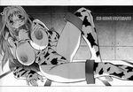  aizawa_sanae animal_ears animal_print bell bell_collar blush breast_grab breasts collar cow_bell cow_ears cow_girl cow_print ear_tag elbow_gloves fingerless_gloves gloves grabbing greyscale highres huge_breasts kotoyoshi_yumisuke lactation leotard long_hair lying monochrome nipples open_mouth original solo thighhighs topless 