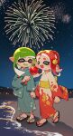  2girls absurdres aerial_fireworks beach blue_kimono candy_apple closed_eyes colored_tongue commentary_request facing_another fireworks food full_body geta green_hair green_tongue highres holding holding_candy_apple holding_food holding_hands inari1369 inkling inkling_girl inkling_player_character japanese_clothes kimono long_hair long_sleeves medium_hair multicolored_kimono multiple_girls obi octoling octoling_girl octoling_player_character open_mouth outdoors pointy_ears red_hair red_kimono sash smile splatoon_(series) standing striped_clothes striped_kimono takoyaki_hair_ornament tentacle_hair white_kimono wide_sleeves yellow_kimono 
