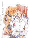  artist_request belt blush buckle couple gloves jacket kiss lowres lyrical_nanoha magical_girl mahou_shoujo_lyrical_nanoha_strikers military military_uniform multiple_girls open_clothes open_jacket orange_hair red_hair side_ponytail takamachi_nanoha teana_lanster translated tsab_air_military_uniform twintails uniform yuri 