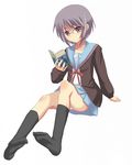  bangs blue_sailor_collar book cardigan feet glasses kita_high_school_uniform nagato_yuki panties sailor_collar school_uniform serafuku short_hair socks solo suzumiya_haruhi_no_yuuutsu towamin underwear 