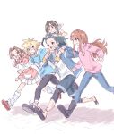  2boys 3girls aerith_gainsborough alternate_costume bare_shoulders bervens12 black_boots black_hair black_shoes blonde_hair blue_eyes blue_jacket blue_pants blue_shirt boots braid braided_ponytail brown_eyes brown_hair carrying casual child cissnei clenched_hands closed_mouth cloud_strife collared_shirt crisis_core_final_fantasy_vii cross_scar final_fantasy final_fantasy_vii foot_out_of_frame full_body green_eyes green_shirt grin hair_between_eyes hair_slicked_back hair_tubes hand_in_another&#039;s_hair headband highres jacket loose_socks multiple_boys multiple_girls open_mouth pants pants_under_shorts parted_bangs piggyback pink_shoes pink_sweater pleated_skirt running sandals scar scar_on_cheek scar_on_face shirt shirt_under_shirt shoes short_hair sideburns sidelocks single_braid sketch skirt smile socks spiked_hair striped_clothes striped_socks sweater teeth turtleneck turtleneck_sweater wavy_hair white_boots white_headband white_shirt white_shoes white_skirt yellow_socks yuffie_kisaragi zack_fair 