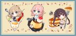  3girls :d :q apple_rabbit black_socks blue_bow blue_dress blue_eyes blue_sailor_collar blue_skirt blush bow brown_background brown_hair brown_shoes cherry closed_mouth collared_shirt commentary_request double_bun dress food food_art fork fruit green_bow green_ribbon grey_eyes grey_skirt hair_bow hair_bun highres holding holding_fork holding_spoon in_food loafers long_hair looking_at_viewer mini_person minigirl multiple_girls neck_ribbon original pancake pancake_stack parfait pinafore_dress pink_hair pleated_skirt pudding red_eyes ribbon rino_cnc sailor_collar school_uniform serafuku shirt shoes short_sleeves sitting skirt sleeveless sleeveless_dress smile socks spoon standing standing_on_one_leg sweater_vest tongue tongue_out twintails twitter_username two_side_up v-shaped_eyebrows very_long_hair white_shirt 