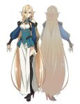  2girls anime_coloring armlet back bare_shoulders black_boots blonde_hair blue_eyes boots breasts closed_mouth detached_collar detached_sleeves dress elf full_body gloves green_skirt hair_between_eyes highres isouchi_yuusuke jewelry lapis_fulgor long_hair long_hair_between_eyes long_pointy_ears looking_at_viewer medium_breasts multiple_girls multiple_views nageki_no_bourei_wa_intaishitai off-shoulder_dress off_shoulder official_art open_hand outstretched_arm palms pelvic_curtain pointy_ears ring simple_background skirt spread_fingers standing thigh_boots transparent_background very_long_hair white_gloves 