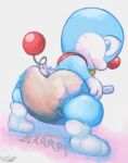 absurd_res anthro bell blue_body blue_fur bodily_noises collar diaper diaper_use digital_media_(artwork) domestic_cat doraemon doraemon_(character) embarrassed fart feces felid feline felis fur hi_res machine male mammal overflo207 pooping rear_view robot robot_anthro simple_background soiled_diaper soiling soiling_diaper solo unclean_diaper used_diaper
