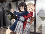  2girls angry backpack bag belt black_hair blonde_hair blue_belt blue_dress blush bob_cut broken_window bullet clenched_teeth closed_eyes dress feet_out_of_frame finger_on_trigger grey_dress gun hair_ribbon holding holding_gun holding_weapon indoors inoue_takina light_machine_gun long_hair long_sleeves lycoris_recoil lycoris_uniform m249_saw machine_gun multiple_girls nishikigi_chisato nyoro_(nyoronyoro000) one_side_up open_mouth pleated_dress purple_eyes red_belt red_dress red_ribbon ribbon shade shell_casing short_hair smoke smoking_barrel standing teeth two-tone_dress v-shaped_eyebrows weapon 