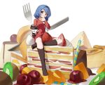  absurdres black_hairband blue_hair breasts brown_eyes brown_sailor_collar brown_socks cake cake_slice cheesecake cherry commentary dress finger_to_mouth food fork fruit furutani_himawari hair_intakes hair_ornament hairband hand_up head_tilt highres keibi_inu kitchen_knife kiwi_(fruit) kneehighs knife long_sleeves looking_to_the_side low_twintails medium_breasts medium_hair mini_person minigirl open_clothes open_shirt pleated_dress pudding red_dress sailor_collar shirt short_dress sideways_glance simple_background sitting socks strawberry strawberry_cake strawberry_shortcake twintails white_background white_shirt yuruyuri 