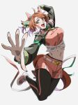  1girl :d ahoge animal_ears belt black_pantyhose breasts brown_eyes brown_hair checkered_ribbon colored_tips commentary dantsu_flame_(umamusume) ear_covers ear_ribbon from_side grey_background horse_ears horse_girl horse_tail large_breasts legs_up looking_at_viewer midriff multicolored_hair navel ohayonabeno pantyhose pink_shoes pink_shorts shirt shoes shorts simple_background smile solo tail tied_shirt umamusume white_belt white_hair 