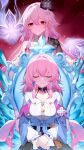  2girls absurdres breasts closed_eyes commentary dual_persona evernight_(honkai:_star_rail) flower hair_flower hair_ornament highres honkai:_star_rail honkai_(series) jellyfish long_hair march_7th_(honkai:_star_rail) march_7th_(preservation)_(honkai:_star_rail) medium_breasts medium_hair mirror multiple_girls muou pink_hair red_eyes shirt sitting sky smile star_(sky) starry_sky very_long_hair white_shirt 
