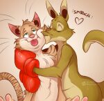 2025 anthro arm_tuft boxing_gloves brown_body brown_fur brown_nose cheek_tuft chest_tuft clothing domestic_cat duo elbow_tuft eyes_closed facial_tuft felid feline felis female fur green_eyes half-closed_eyes handwear heart_symbol hug hugging_another kangaroo kip_(cavix) kissing_cheek macropod male male/female mammal markings marlu_(cavix) marsupial narrowed_eyes pink_nose pink_tongue pouch_(anatomy) signature simple_background smile sound_effects spunky_(artist) striped_markings striped_tail stripes tail tail_markings tan_body tan_fur tongue tongue_out tuft