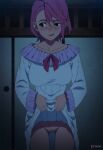  1girl ass_visible_through_thighs blush bow bowtie breasts censored commentary dandadan english_commentary highres indoors large_breasts long_sleeves looking_to_the_side mosaic_censoring night no_panties paid_reward_available pajamas parted_lips patreon_logo patreon_username pink_hair pussy red_bow red_bowtie shiratori_aira_(dandadan) short_hair solo standing thighs white_pajamas zuharu 