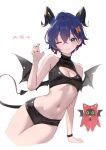 1girl adelie_cat alternate_costume bangboo_(zenless_zone_zero) belle_(zenless_zone_zero) black_shirt black_shorts blue_hair breasts claw_pose crop_top demon_horns demon_tail devilboo_(zenless_zone_zero) hair_between_eyes highres horns navel one_eye_closed shirt short_hair short_shorts shorts simple_background smile tail white_background zenless_zone_zero 