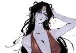  1girl arm_up armpit_peek black_hair braid braided_hair_rings breasts circlet cleavage closed_mouth collarbone colored_skin curtained_hair demon dress earrings gold_circlet gold_earrings grey_skin gui_(e91617) hair_rings half_updo halterneck hand_in_own_hair head_tilt highres hoop_earrings jewelry long_hair looking_at_viewer parted_bangs plunging_neckline red_dress red_eyes red_lips renzha_fanpai_zijiu_xitong sha_hualing sideboob simple_background sleeveless sleeveless_dress smile solo upper_body wavy_hair white_background 
