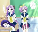  closed_eyes desk hiiragi_kagami hiiragi_tsukasa izumi_konata lucky_star multiple_girls purple_hair ryouou_school_uniform school_uniform serafuku sleeping yellow_neckwear 