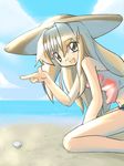  :d bare_legs bare_shoulders beach beret blonde_hair blush camisole day hat kneeling looking_at_viewer neki-t open_mouth outdoors pointing sand seto_no_hanayome seto_sun shore shorts smile solo straw_hat water 