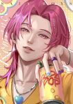  1boy blue_nails bracelet brown_nails can character_name earrings glint group_name heart heart-shaped_pupils heart_pendant highres holding holding_can huwalli jewelry kpop_demon_hunters male_focus pink_eyes pink_hair pink_lips purple_nails ring romance_(kpop_demon_hunters) solo symbol-shaped_pupils twitter_username 