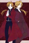  2boys ahoge alphonse_elric black_jacket black_pants blonde_hair brothers brown_eyes closed_mouth coat cosplay costume_switch edward_elric feet_out_of_frame fullmetal_alchemist gloves hand_in_pocket highres jacket letterboxed long_coat long_hair male_focus multiple_boys pants ponytail purple_coat red_coat siblings smile standing tamagodamaco white_gloves 