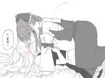  2girls apron ascot blush bow commentary_request detached_sleeves eye_contact frilled_bow frilled_hair_tubes frilled_skirt frills greyscale hair_bow hair_tubes hakurei_reimu highres interlocked_fingers kirisame_marisa long_hair looking_at_another lying mati100311 monochrome multiple_girls no_headwear on_back own_hands_together short_sleeves skirt speech_bubble spot_color sweat touhou translated very_long_hair vest waist_apron yukadon yuri 