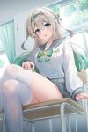  1girl absurdres blue_pupils blush bow bowtie breasts buttons chair colored_tips crossed_legs double-breasted firefly_(honkai:_star_rail) firefly_(spring_missive)_(honkai:_star_rail) from_below gradient_eyes green_bow green_bowtie green_hair grey_hair grey_hairband grey_sailor_collar grey_skirt hairband highres honkai:_star_rail honkai_(series) indoors large_breasts looking_at_viewer multicolored_eyes multicolored_hair official_alternate_costume on_chair open_mouth plaid_bow plaid_bowtie plaid_clothes sailor_collar school_uniform shirt sitting skirt solo thighhighs thighs two-tone_eyes wet_thighhighs white_shirt white_thighhighs yukiunag1 
