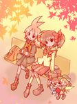  ahoge autumn chibi hair_ribbon leaf multiple_girls oiyoiyo original ribbon school_uniform serafuku 