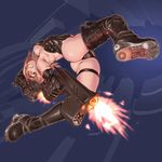  armpits ass boots brown_hair copyright_request firing flexible gloves gun jumping kaieda_hiroshi leather muzzle_flash solo thighhighs weapon 