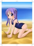  bad_feet bad_hands barefoot beach day hiiragi_kagami lucky_star masakichi_(heppouku) one-piece_swimsuit purple_hair school_swimsuit solo swimsuit 