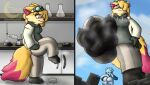 3_toes anonymous_character anthro beaker black_body black_claws black_fur black_pawpads blue_body blue_fur blue_hair blue_sky bodily_fluids bottomwear braixen claws clothed clothed_anthro clothed_female clothing cloud dipstick_tail eeveelution eyewear eyewear_on_head feet female female_anthro flask fully_clothed fully_clothed_anthro fully_clothed_female fur generation_4_pokemon generation_6_pokemon glaceon glasses goggles goggles_on_head grey_bottomwear grey_clothing grey_pants grey_shirt grey_topwear hair hi_res inner_ear_fluff laboratory laboratory_equipment laboratory_glassware looming looming_foot looming_over markings micro miniature nano nintendo nude nude_anthro pants pawpads paws petri_dish pokemon pokemon_(species) rectangular_glasses red_eyes red_inner_ear_fluff red_nose red_tail_tip scientific_instrument shirt sky sleepy_moonlight solo sweat sweaty_paws tail tail_markings tan_body tan_ears tan_fur toes topwear tuft white_clothing white_shirt white_topwear wicke_(wyldfyrteam) yellow_body yellow_fur