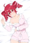  1girl absurdres blush bow breasts cleavage drill_hair hair_bow highres kasane_teto long_hair looking_at_viewer medium_breasts pajamas pink_pajamas pink_shirt pink_shorts red_eyes red_hair red_nails shirt shorts sleepwear solo twin_drills usazirou539 utau white_bow 