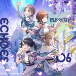  4girls asakura_toru bare_shoulders bird bracelet building butter flower food fukumaru_koito hair_ornament highres higuchi_madoka ichikawa_hinana idolmaster idolmaster_shiny_colors jewelry multiple_girls noctchill_(idolmaster) official_art open_mouth petals purple_flower see-through_clothes stairs 