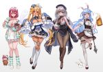  4girls :d :o absurdres alternate_costume animal_ear_fluff animal_ears apron aqua_jacket aqua_socks arm_at_side ass_visible_through_thighs beer_mug belt beret black_bodystocking black_bra black_coat black_dress black_gloves black_hat black_shoes black_skirt blonde_hair blue_hair blue_hat blush bodice bodystocking bow bow_hairband bowtie bra bra_peek breasts brown_belt brown_bow brown_bowtie brown_eyes brown_skirt buttons center_frills chest_bow cleavage coat coat_on_shoulders colored_tips commentary_request corset cosplay cross-laced_clothes cross-laced_sleeves cup detached_collar detached_sleeves dirndl double-breasted dress elf empire_waist extra_ears fang fingerless_gloves framed_breasts frilled_apron frilled_dress frilled_shirt_collar frilled_skirt frilled_thigh_strap frills full_body fur-trimmed_coat fur_trim german_clothes gloves green_eyes grey_hair hair_between_eyes hair_ribbon hairband hand_up hat heterochromia high-waist_skirt high_heels highres hikimayu holding holding_cup holding_stuffed_toy hololive hololive_fantasy houshou_kumarine houshou_marine houshou_marine_(businesswoman) houshou_marine_(cosplay) id_card jacket lanyard lapels large_breasts long_hair looking_at_viewer loungewear maid medium_hair miniskirt mug multicolored_hair multicolored_jacket multiple_girls off_shoulder office_lady open_mouth orange_eyes pekomon_(usada_pekora) pointy_ears pom_pom_(clothes) puffy_detached_sleeves puffy_short_sleeves puffy_sleeves rabbit_ears rabbit_girl red_eyes red_hair red_shoes ribbon rum_raisin_(chihiromakita19) see-through_cleavage see-through_clothes shadow shiranui_flare shiranui_flare_(cosplay) shiranui_flare_(loungewear) shirogane_noel shirogane_noel_(cosplay) shirogane_noel_(dirndl) shirt shoes short_dress short_eyebrows short_sleeves sidelocks simple_background skin_fang skindentation skirt sleeveless sleeveless_shirt sleeves_past_fingers sleeves_past_wrists slippers small_breasts smile socks standing standing_on_one_leg streaked_hair striped_clothes striped_jacket striped_socks stuffed_animal stuffed_toy tassel teddy_bear thick_eyebrows thigh_belt thigh_strap thighhighs two-tone_jacket two-tone_socks two_side_up underwear usada_pekora usada_pekora_(10th_costume) usada_pekora_(cosplay) very_long_hair virtual_youtuber waist_apron white_apron white_background white_dress white_hair white_hairband white_ribbon white_shirt white_thighhighs yellow_eyes 