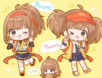  &gt;_o 1girl 3girls ;d ahoge back_bow badge bandaid bandaid_on_knee bandaid_on_leg black_arm_warmers black_eyes blue_necktie blue_shorts blue_skirt bow brown_hair burger button_badge chibi chibi_only deformed double_v dual_persona employee_uniform fast_food_uniform food geta hairband hands_up heart highres holding holding_burger holding_food imadake_dabuchi_tabemi japanese_clothes kimono light_blush mcdonald&#039;s mike_mochi multiple_girls necktie one_eye_closed open_happi palms pleated_skirt ponytail red_bow red_hairband samurai_tamago_tabemi shirt shorts simple_background skirt smile socks speech_bubble striped_clothes striped_kimono striped_shirt tie_clip twintails v v-shaped_eyebrows vertical-striped_clothes vertical-striped_kimono vertical-striped_shirt visor_cap white_socks yellow_background yellow_happi 