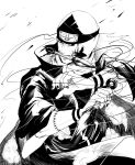  1boy akatsuki_uniform forehead_protector greyscale holding holding_kunai holding_weapon i-love-poke kakuzu_(naruto) kunai male_focus monochrome naruto_(series) naruto_shippuuden ninja reverse_grip simple_background solo weapon white_background 
