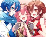  1boy 2girls :d ;d bare_shoulders blue_eyes blue_hair blue_scarf blush brown_eyes brown_shirt closed_mouth collarbone commentary_request crop_top cropped_jacket double-parted_bangs hair_between_eyes high_collar highres jacket kaho_0102 kaito_(vocaloid) long_hair megurine_luka meiko_(vocaloid) multiple_girls number_tattoo one_eye_closed open_mouth pink_hair red_jacket scarf see-through_clothes see-through_sleeves shirt short_hair short_sleeves shoulder_tattoo sleeveless sleeveless_jacket smile tattoo vocaloid white_jacket 