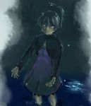  darker_than_black dress long_sleeves outstretched_hand pirano ponytail purple_eyes silver_hair solo water yin 