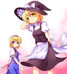  alice_margatroid apron arm_behind_head blonde_hair braid capelet hairband hat kirisame_marisa looking_at_viewer multiple_girls sash short_hair side_braid simple_background smile standing subaru_(yachika) touhou witch_hat 