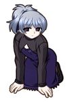  1girl darker_than_black dress female grey_hair kneeling long_sleeves maroon_eyes ponytail purple_dress simple_background solo white_background yin 