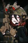  1girl absurdres black_hair black_jacket brown_gloves bulletproof_vest colored_tips combat_helmet fangs gloves gun hair_between_eyes headphones helmet highres holding holding_gun holding_weapon jacket long_bangs looking_at_viewer microphone middle_finger mikhail_n762 multicolored_hair night_vision_device open_mouth original red_eyes rifle short_hair sig_mcx solo upper_body weapon 