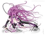  bare_shoulders blindfold breasts chain cleavage detached_sleeves dress fate/stay_night fate_(series) large_breasts long_hair purple_hair rider solo strapless strapless_dress thighhighs tomuyu very_long_hair watermark weapon white_background 