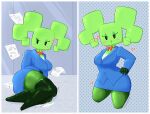 2024 5_fingers big_breasts blue_bottomwear blue_clothing blue_skirt blue_topwear bottomwear bow_tie breasts clothed clothed_female clothed_humanoid clothing cross-popping_vein digital_media_(artwork) dotted_background eyeshadow featureless_legs female female_humanoid fingers frown green_body green_eyeshadow green_hair green_skin green_tongue hair half-closed_eyes hand_on_hip hand_on_own_hip heart_symbol hi_res humanoid inside legwear lying makeup mario_bros mimi_(paper_mario) narrowed_eyes nintendo not_furry office_clothing on_side open_mouth open_smile paper paper_mario pattern_background pigtails pink_heart red_bow_tie simple_background skirt smile solo thick_thighs thigh_highs tongue topwear tubawalrus wide_hipped_female wide_hipped_humanoid wide_hips