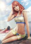  1boy 1girl absurdres bare_arms bare_shoulders black_hair black_male_swimwear blurry blurry_background breasts brown_eyes camisole cissnei closed_mouth cloud cloudy_sky crisis_core_final_fantasy_vii crop_top final_fantasy final_fantasy_vii full_body hand_in_own_hair highres lens_flare looking_at_viewer male_swimwear medium_breasts midriff navel ocean official_alternate_costume reclining red_hair ria_(baka-neearts) shorts sitting sky smile surfboard topless_male twitter_username wavy_hair wet wet_clothes white_camisole yellow_shorts zack_fair 