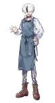  1boy :d absurdres apron belt_collar black_collar black_hair black_pants black_shirt blue_apron boots brown_boots collar collarbone covered_eyes facing_viewer fuji_den_fujiko hair_over_eyes hand_on_own_hip highres holographic_clothing jacket lace-up_boots light_blush long_sleeves male_focus mekakare multicolored_hair official_art open_clothes open_jacket pants sharp_teeth shirt short_hair simple_background smile solo standing streaked_hair striped_clothes striped_pants tachi-e teeth utagai_nijisuke vertical-striped_clothes vertical-striped_pants waving white_hair white_jacket white_pants white_shirt 