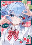  1girl blue_eyes blue_hair blush border bow bowtie cherry cherry_pop_(vocaloid) collared_shirt commentary_request double_bun food fruit green_border grin hair_between_eyes hair_bun hatsune_miku highres holding holding_food holding_fruit kenpii_mo long_hair long_sleeves looking_at_viewer multicolored_hair outside_border plaid_bow plaid_bowtie plaid_clothes red_background red_bow red_bowtie red_streaks shirt smile solo streaked_hair upper_body vocaloid white_shirt wing_collar 
