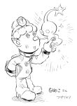  +_+ 1boy asaikaina boots buttons creature_on_hand flower full_body gauge ghost_tail gloves glow_pikmin greyscale hand_on_another&#039;s_cheek hand_on_another&#039;s_face happy head_mirror holding holding_paper light_blush male_focus monochrome no_headwear no_mouth notice_lines open_mouth outstretched_hand paper paper_stack pikmin_(creature) pikmin_(series) pikmin_4 pointy_ears short_hair signature simple_background smile solid_oval_eyes spacesuit sparkle standing white_background yonny_(pikmin) 
