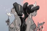  aladdin_(movie) arabian_clothes bare_shoulders black_hair breasts brown_hair dark-skinned_female dark_skin dual_persona earrings harem_outfit highres jasmine_(disney) jewelry long_hair masso multi-tied_hair off_shoulder shirt very_long_hair 