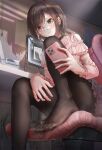  1boy 1girl antinomychina bdsm between_toes black_choker black_pantyhose brown_eyes brown_hair camisole cellphone chair choker desk feet feet_out_of_frame foot_focus giant giantess glasses highres holding holding_phone incest jewelry leg_up looking_down looking_up mini_person miniboy orange_hair pantyhose phone pink_camisole pink_lips project_sekai ring shinonome_akito shinonome_ena short_hair sitting smartphone steaming_body toes 