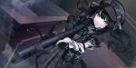  1girl absurdres bandaged_arm bandages black_dress black_hair black_hat black_jacket closed_mouth dress dutch_angle game_cg gloves goggles goggles_on_head goggles_on_headwear grey_eyes gun hands_up hat highres holding holding_gun holding_weapon jacket kurobe_nanoka long_hair looking_at_viewer looking_to_the_side mahou_shoujo_no_majo_saiban newsboy_cap non-web_source official_art plaid_clothes plaid_dress ribbon rifle scope short_sleeves smoke solo twintails umemaro_(siona0908) upper_body weapon 