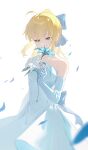  1girl absurdres ahoge artoria_pendragon_(fate) bare_shoulders blonde_hair blue_bow blue_flower blue_petals blue_ribbon bow collarbone dress elbow_gloves enoharatoki falling_petals fate/stay_night fate_(series) floating_hair flower gloves green_eyes hair_between_eyes hair_bow hair_ribbon high_ponytail highres holding holding_flower long_dress long_hair looking_down petals ponytail ribbon saber_(fate) sidelocks simple_background sleeveless sleeveless_dress smelling smelling_flower solo strapless strapless_dress wedding_dress white_background white_dress white_flower white_gloves 