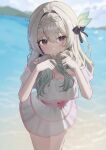  13_(jjusan13) 1girl absurdres beach black_ribbon blue_pupils blush braid closed_mouth commission dress firefly_(honkai:_star_rail) gradient_hair grey_hair hair_between_eyes hair_intakes hair_ornament hair_ribbon hand_in_own_hair highres holding holding_own_hair honkai:_star_rail honkai_(series) horizontal-striped_dress long_hair multicolored_eyes multicolored_hair off-shoulder_dress off_shoulder ribbon ribbon-trimmed_dress ribbon_trim solo sweatdrop water white_dress 