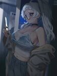  1girl bare_shoulders black_bra black_choker black_nails blue_eyes blunt_bangs bra bra_visible_through_clothes breasts camisole choker cleavage commentary fingernails grey_pajamas highres holding holding_phone large_breasts looking_at_phone meg_(wakamepiza) mole mole_on_arm nail_polish navel off_shoulder original pajamas phone rain round_eyewear short_bangs short_eyebrows solo spaghetti_strap symbol-only_commentary thick_eyebrows thick_eyelashes underwear wakamepiza wet wet_clothes white_camisole white_hair yellow-framed_eyewear 
