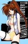  breasts brown_hair character_name cleavage fingerless_gloves gloves hagane_soushi jacket large_breasts lyrical_nanoha magical_girl mahou_shoujo_lyrical_nanoha_strikers open_clothes open_jacket panties ponytail purple_eyes side_ponytail solo takamachi_nanoha thighhighs underwear 